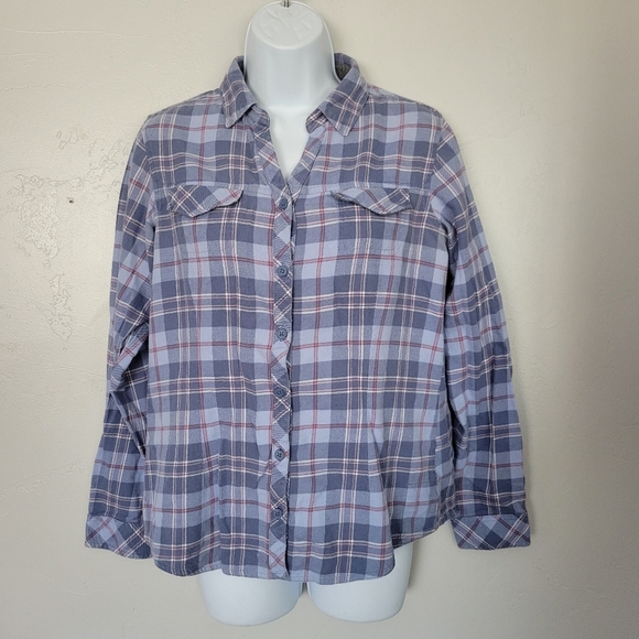 Columbia Women's Medium Long Sleeve Flannel Button Up Shirt Blue Pink Plaid Top - Picture 1 of 9